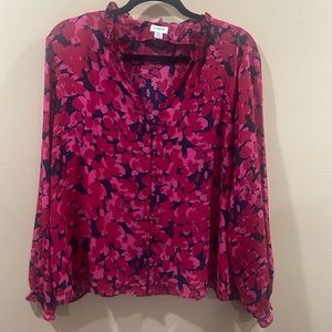J Crew Red/Pink Polyester V-Neck Ruffled Blouse - XXL